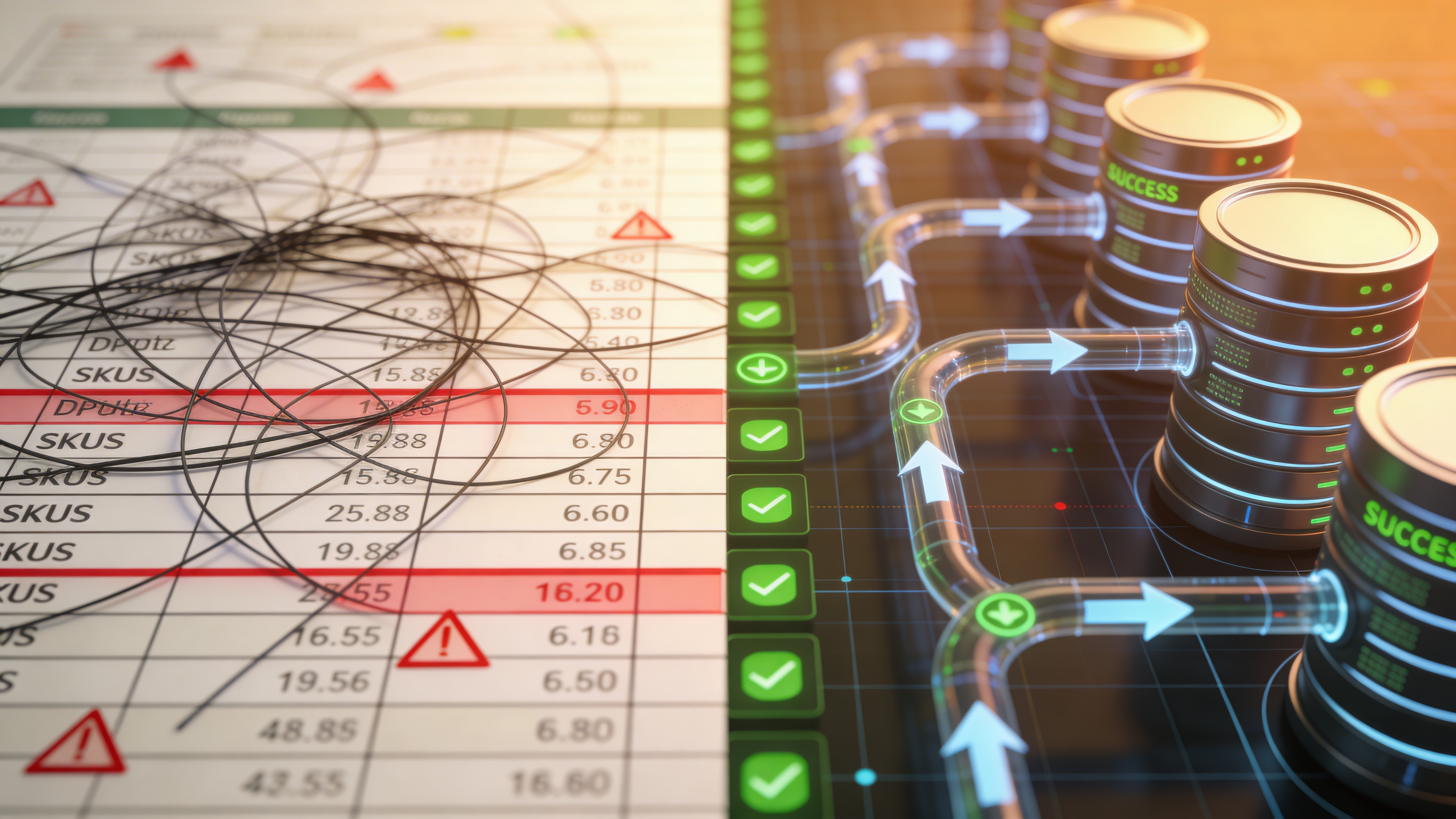Messy spreadsheet rows transforming into clean, organized data pipelines