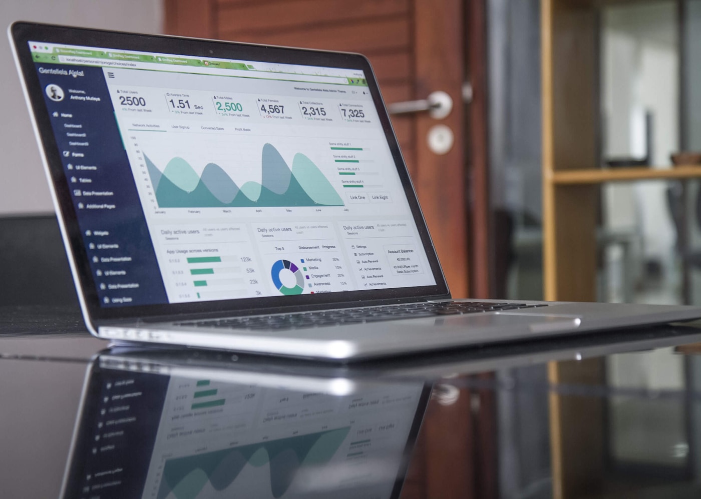 Laptop showing data analytics charts and graphs representing data enrichment and business intelligence
