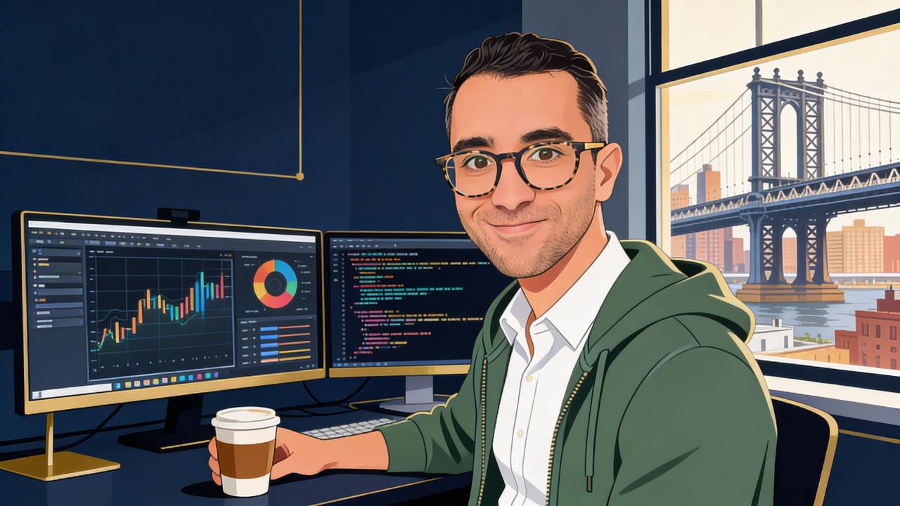 Matthew Kassel at his desk with data dashboards and coffee, Brooklyn Bridge in background